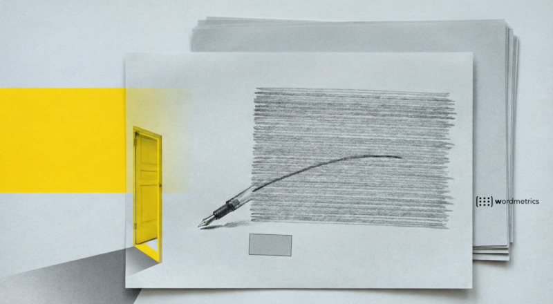 abstract greyscale and yellow illustration of a paper sheet, fountain pen, and yellow door